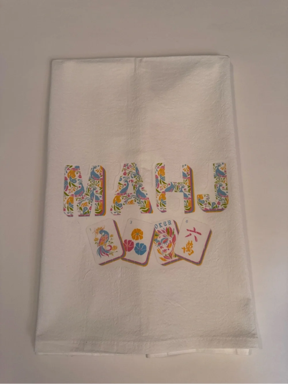 Mahjong Mahj Decorative White Tea Towel with Colorful Mahjong Motif
